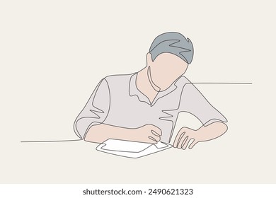 Colored a man who is enthusiastic about doing his homework. Homework concept one-line drawing