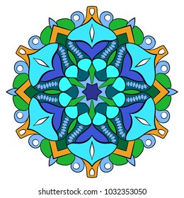Colored mandala for color book. Symmetrical pattern in the circle.  Illustration for the album. Pattern for printing on fabrics. Figure for relaxation and meditation.