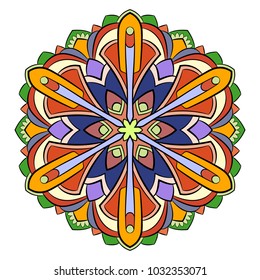 Colored mandala for color book. Symmetrical pattern in the circle.  Illustration for the album. Pattern for printing on fabrics. Figure for relaxation and meditation.