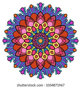 Colored mandala for color book. Symmetrical pattern in the circle.  Illustration for the album. Pattern for printing on fabrics. Figure for relaxation and meditation.