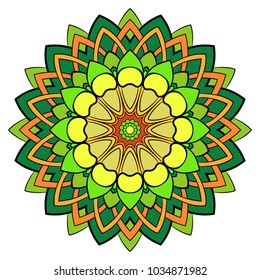 Colored mandala for color book. Symmetrical pattern in the circle.  Illustration for the album. Pattern for printing on fabrics. Figure for relaxation and meditation.