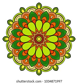Colored mandala for color book. Symmetrical pattern in the circle.  Illustration for the album. Pattern for printing on fabrics. Figure for relaxation and meditation.