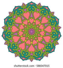 Colored mandala with hearts. Round symmetrical ornaments isolated on a white background
