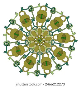 Colored mandala with locks and keys on a white background