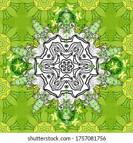 Colored mandala logo on black, white and green colors. Sacred geometric vector symbol with many petals flower.