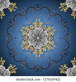 Colored mandala logo on blue, gray and white colors. Sacred geometric vector symbol with many petals flower.