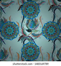 Colored mandala logo on blue, green and neutral colors. Sacred geometric vector symbol with many petals flower.