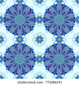 Colored mandala logo on blue, neutral and violet colors. Sacred geometric vector symbol with many petals flower.