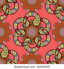 Colored mandala logo on colorfil background. Sacred geometric vector symbol with many petals flower.