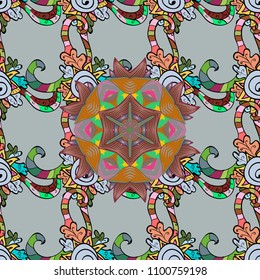 Colored mandala logo on gray, black and brown colors. Sacred geometric vector symbol with many petals flower.