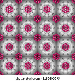Colored mandala logo on gray, neutral and magenta colors. Sacred geometric vector symbol with many petals flower.