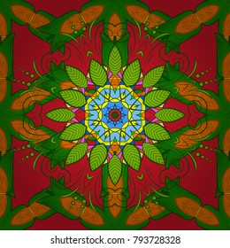 Colored mandala logo on green, red and orange colors. Sacred geometric vector symbol with many petals flower.