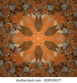 Colored mandala logo on orange, beige and brown colors. Sacred geometric vector symbol with many petals flower.