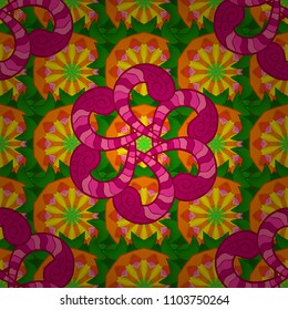 Colored mandala logo on orange, green and magenta colors. Sacred geometric vector symbol with many petals flower.