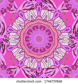 Colored mandala logo on pink, violet and neutral colors. Sacred geometric vector symbol with many petals flower.