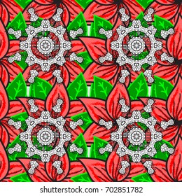 Colored mandala logo on red petals background. Sacred geometric vector symbol with many petals flower.