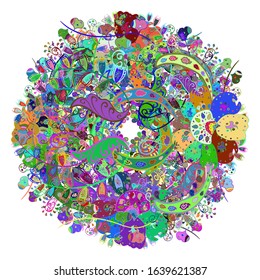 Colored mandala logo on white, blue and green colors. Sacred geometric vector symbol with many petals flower.