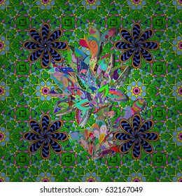 Colored Mandala on a baqckground. Arabesque. Round ornament with intertwined branches, flowers and curls. Vector circular abstract mandalas pattern.