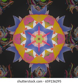 Colored Mandala on a baqckground. Arabesque. Round ornament with intertwined branches, flowers and curls. Vector circular abstract mandalas pattern.