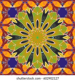 Colored Mandala on a baqckground. Round ornament with intertwined branches, flowers and curls. Vector circular abstract mandalas pattern. Arabesque.