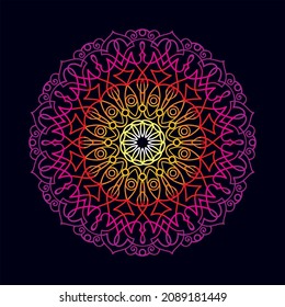 A colored mandala on a black background.