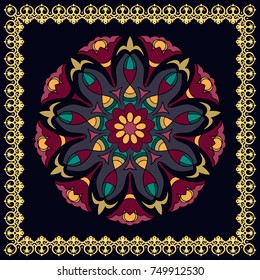 colored mandala on a black background. Flower Mandala. Decorative round ornaments. Yoga logos, backgrounds for meditation poster. idea for greeting cards, invitations, prints, textiles