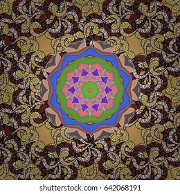 Colored Mandala on a blue baqckground. Round ornament with intertwined branches, flowers and curls. Vector circular abstract mandalas pattern. Arabesque.