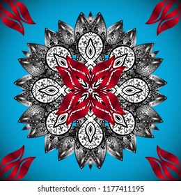 Colored Mandala on a blue, gray and red baqckground. Round ornament with intertwined branches, flowers and curls. Vector circular abstract mandalas pattern. Arabesque.