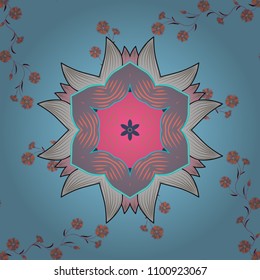 Colored Mandala on a blue, neutral and gray baqckground. Round ornament with intertwined branches, flowers and curls. Arabesque. Vector circular abstract mandalas pattern.