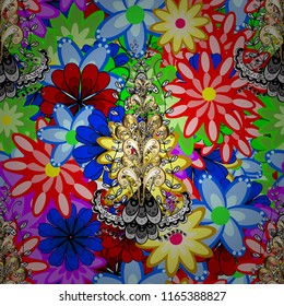 Colored mandala on blue, red and green colors. Mandala style. Rich ethnic striped seamless pattern geometric design. Vector illustration.