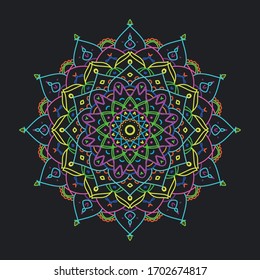 
Mandala coloreada sobre un fondo oscuro.