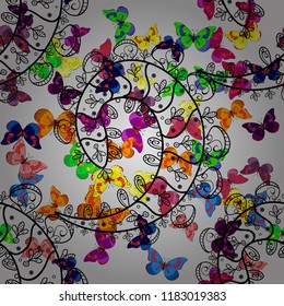 Colored Mandala on a gray, black and yellow baqckground. Round ornament with intertwined branches, flowers and curls. Arabesque. Vector circular abstract mandalas pattern.