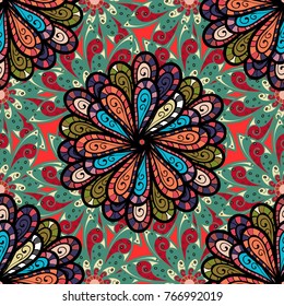 Colored mandala on green, black and red colors. Rich ethnic striped seamless pattern geometric design. Mandala style. Vector illustration.