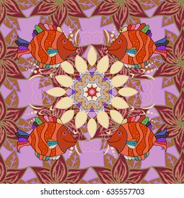 Colored mandala on pink background. Vector illustration. Rich ethnic striped seamless pattern geometric design. Mandala style.
