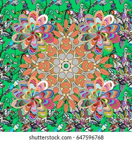 Colored Mandala on a white baqckground. Round ornament with intertwined branches, flowers and curls. Vector circular abstract mandalas pattern. Arabesque.