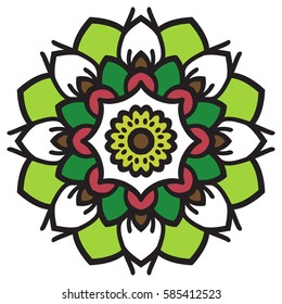 Colored mandala. Oriental ornament in a circle. Graphic rosette in red and green.
