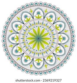 Colored mandala ornament vector illustration. Ornament floral art work. Green and blue mandala on white background.