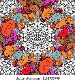 Colored mandala pattern, Arabic background. Ethnic texture. Orient, symmetry lace. Vintage decorative ornament on white, black and orange colors. Vector East, Islam, Indian, motif, revival swirling.
