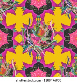 Colored mandala pattern, Arabic background. Vintage decorative ornament on pink background. Vector East, Islam, Indian, motif, revival swirling. Ethnic texture. Orient, symmetry, fabric, wallpaper.