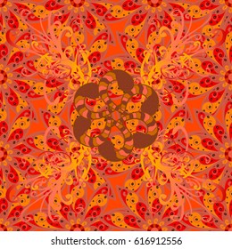 Colored mandala pattern, Arabic background. Ethnic texture. Vintage decorative ornament on red background. Vector East, Islam, Indian, motif, revival swirling. Orient, symmetry lace, fabric, wallpaper