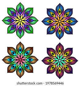 Colored mandala peacock feather four mandalas set