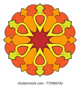 The colored mandala. A repeating pattern in the circle. A beautiful image for scrapbook. Picture for meditation and relaxation. Stylized flower.
