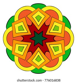 The colored mandala. A repeating pattern in the circle. A beautiful image for scrapbook. Picture for meditation and relaxation. Stylized flower.