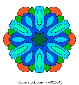 The colored mandala. A repeating pattern in the circle. A beautiful image for scrapbook. Picture for meditation and relaxation. Stylized flower.