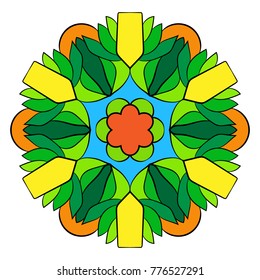 The colored mandala. A repeating pattern in the circle. A beautiful image for scrapbook. Picture for meditation and relaxation. Stylized flower.