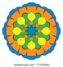 The colored mandala. A repeating pattern in the circle. A beautiful image for scrapbook. Picture for meditation and relaxation. Stylized flower.