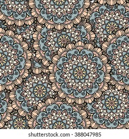 Colored mandala seamless pattern. Vector illustration. Pastel colors. Ideal for wrapping paper