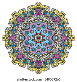 Colored Mandala, stylized flower decoration, doodle round ornament, isolated design element on a white background. Vector geometric circular floral pattern. Tribal ethnic arabic, indian, turkish motif