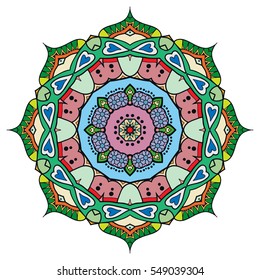 Colored Mandala, stylized flower decoration, doodle round ornament, isolated design element on a white background. Vector geometric circular floral pattern. Tribal ethnic arabic, indian, turkish motif