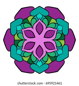 The colored mandala. Symmetrical pattern in a circle. A beautiful image for scrapbook. The template for printing on fabric. Picture for meditation and relaxation.